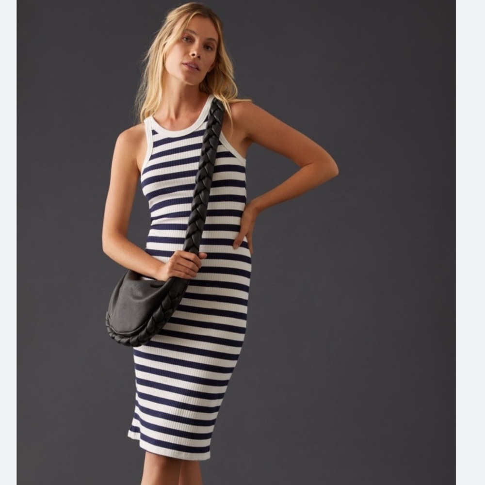MOTHER Move It The Chin Ups Midi Dress • Navy striped • Soft bodycon • NWOT